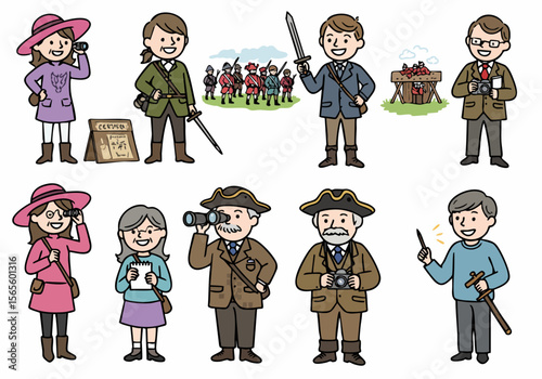 Cartoon illustration depicting people enjoying a historical reenactment event with participants and observers.