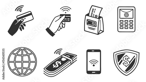Collection of payment and finance icons including contactless payment and security symbols isolated on white background