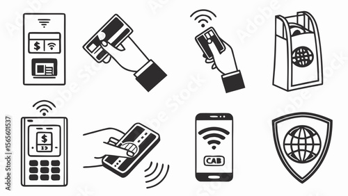 Collection of hand drawn icons representing contactless payment methods and security isolated on white background