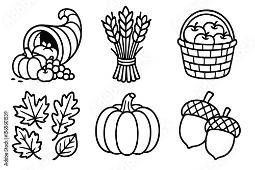 Cartoon icons in black and white for autumn abundance. Clean, minimal design.