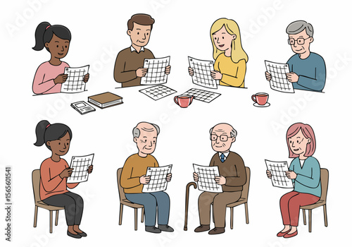 Illustration of diverse people, including young adults and seniors, actively engaged in a learning activity, possibly solving puzzles or participating in a mental exercise class.