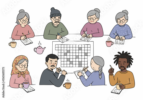 Diverse group of elderly and young adults solving a crossword puzzle together, enjoying hot drinks and social connection around a table.