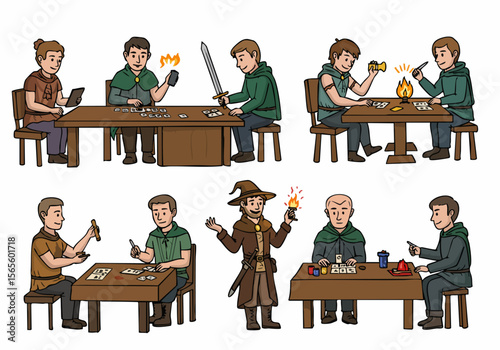 Cartoon illustrations showing diverse groups of friends playing fantasy tabletop role-playing and card games together.