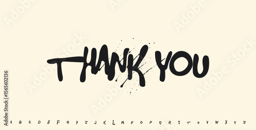 Thank You handwritten graffiti lettering. Expressive brush font with ink splash for thank you cards, notes, posters, social media designs. Vector illustration.