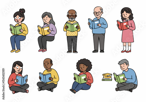 Diverse group of people of different ages and backgrounds reading books, showcasing a love for literature and lifelong learning through simple illustrations.