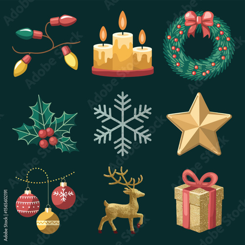 vector Happy New Year Celebrating 2025 in Latin letters , Christmas Decoration Items Santa Claus
