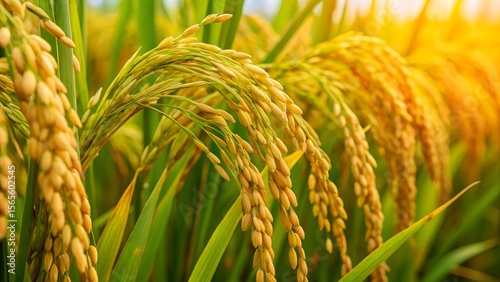 Photo of golden rice stalks heavy with grains sway gently in a sundrenched field, a testament to natures bounty