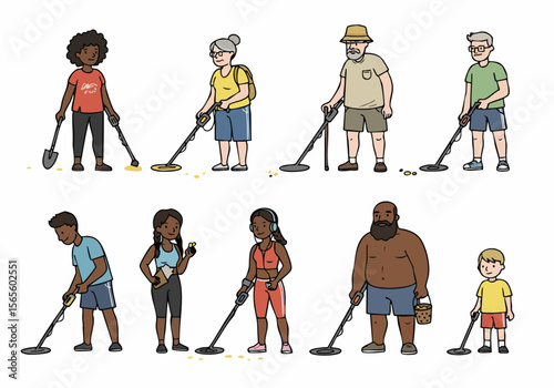 Diverse group of people enjoying the outdoor hobby of metal detecting and searching for treasures.