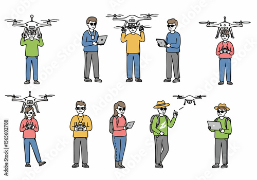 Diverse people using and interacting with drones, illustrating modern technology and the growing popularity of unmanned aerial vehicles for hobby and commercial purposes.