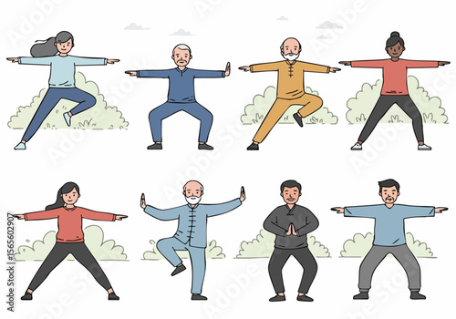 Illustration of Diverse People Practicing Tai Chi or Qigong Outdoors, Promoting Health, Wellness, and Mind-Body Exercise for Different Ages and Ethnicities