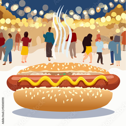 Bratwurst in crispy sesame bun topped with mustard, steam rising, vibrant at Sommerfestival in Germany Summer festival atmosphere with blurred people enjoying the festivities in the background