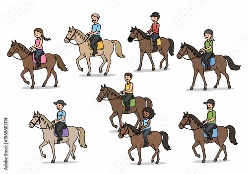 Diverse group of people enjoying horse riding illustration