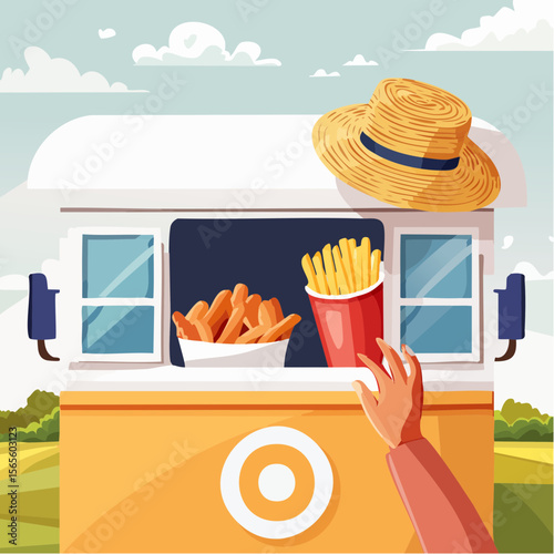 Food truck window displaying delicious sausages and crispy fries, with a hand reaching for a cup, set against a vibrant at Sommerfestival in Germany Summer festival atmosphere