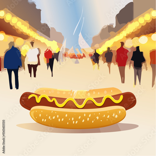 Bratwurst in crispy bun with mustard, steam rising, vibrant summer atmosphere, colorful lights and people enjoying outdoor culinary delights at Sommerfestival in Germany Summer festival