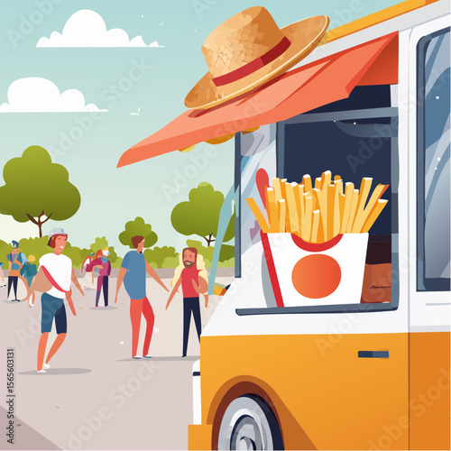Open food truck window displaying delicious sausages and crispy fries, surrounded by at Sommerfestival in Germany Summer festival-goers enjoying vibrant summer atmosphere and outdoor festivities