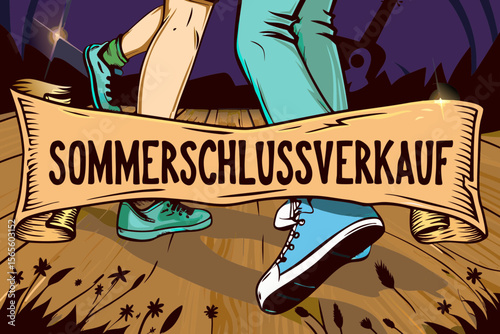 Dancing feet in motion with blurred outlines of guitar and Sommerschlussverkauf banner, capturing vibrant energy and excitement of a lively musical event atmosphere