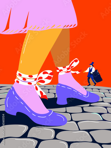 Feet dancing in colorful dirndl shoes on cobbled street, adorned with red-and-white Bavarian ribbon, showcasing vibrant cultural expression and joyful at Sommerfestival in Germany Summer festival
