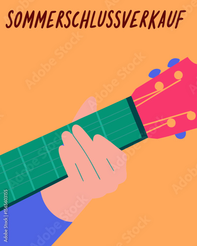 Guitar player's hand strumming colorful strings, vibrant background featuring red "Sommerschlussverkauf" letters, creating a lively musical atmosphere with artistic flair