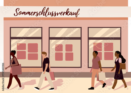 Shoppers walking on street past store windows displaying red Sommerschlussverkauf signs, showcasing discounts and vibrant retail atmosphere during summer sales season