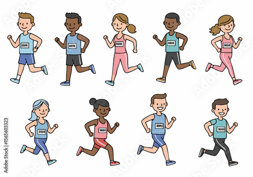 Diverse group of cartoon runners participating in a race, isolated on a white background. People of various ethnicities and genders enjoy running.