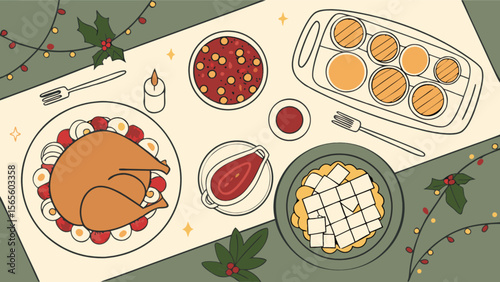 Delicious thanksgiving dinner table setting with turkey and sides holiday feast illustration vector art