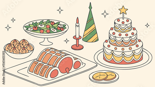 Celebration dinner party with cake salad meat and candle for festive occasion illustration vector art