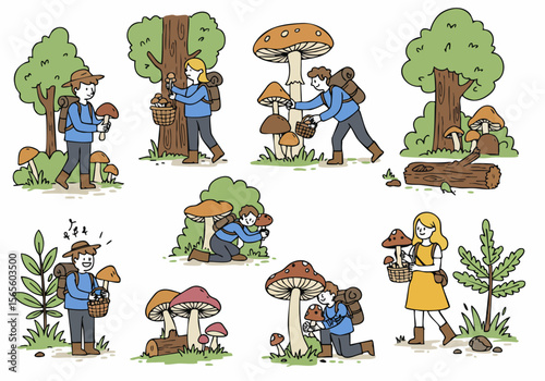 Simple cartoon illustration set showing people finding and gathering mushrooms in the forest during an autumn nature walk or foraging activity.