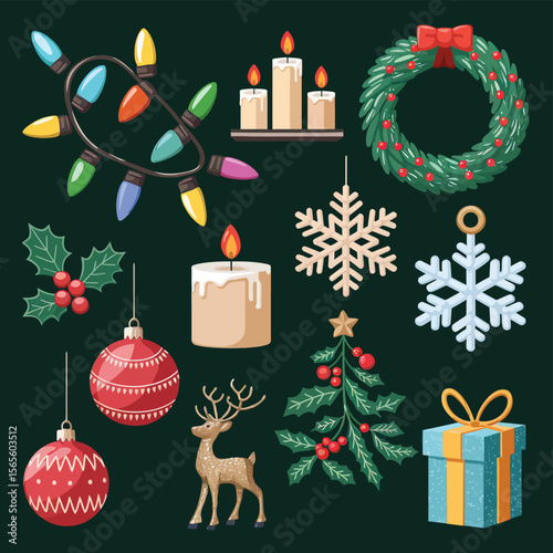 vector Happy New Year Celebrating 2025 in Latin letters , Christmas Decoration Items Santa Claus
