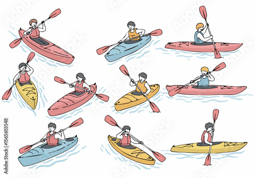 Hand-drawn illustration of multiple people kayaking on the water, depicting a recreational outdoor activity.