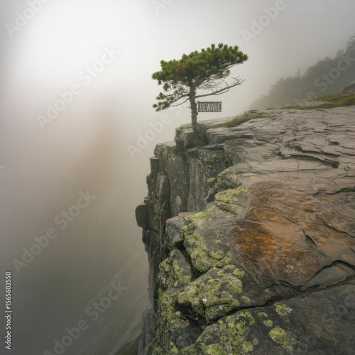 Lone tree on cliff edge with beware sign rock pine