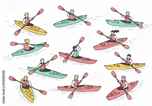 Illustrated pattern of people kayaking on water with colorful kayaks, simple hand-drawn style.