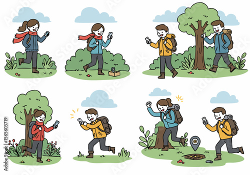 Illustration set of hikers using smartphones in the outdoors for navigation, exploration, and finding locations or items.
