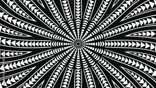 Intricate black and white radial tribal pattern with sharp geometric shapes