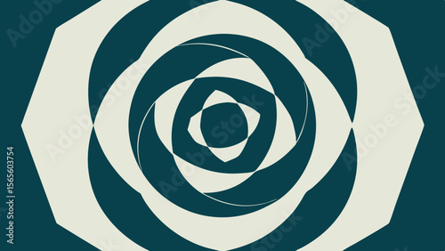 Abstract geometric pattern with swirling curves and sharp edges in teal and cream