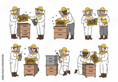 Cartoon illustrations of beekeepers in protective suits working with beehives and honey frames.