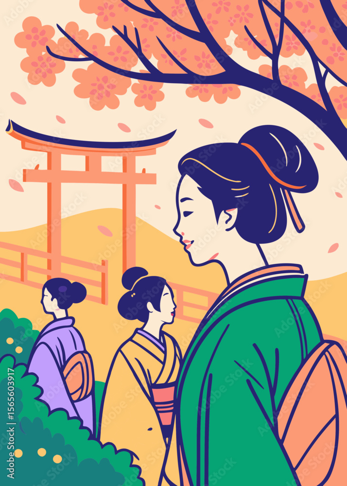 Obraz premium Japanese Women in Traditional Kimonos Admiring Cherry Blossoms Near Torii Gate for Cultural Blogs, Travel Websites, and Art Education Content 