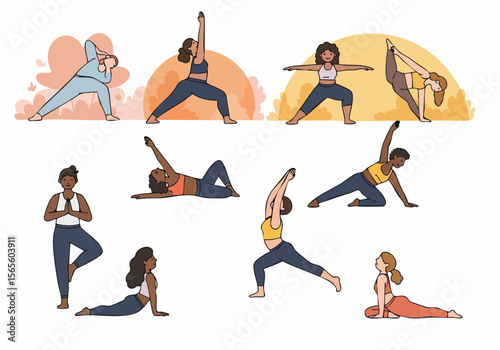 Hand-drawn illustration of diverse women practicing various yoga poses for fitness and wellness.