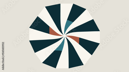 Abstract geometric pattern with swirling dark blue and white stripes and accent colors