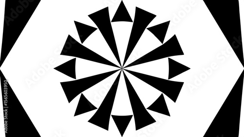 Abstract black and white geometric pattern with radial symmetry and sharp angles