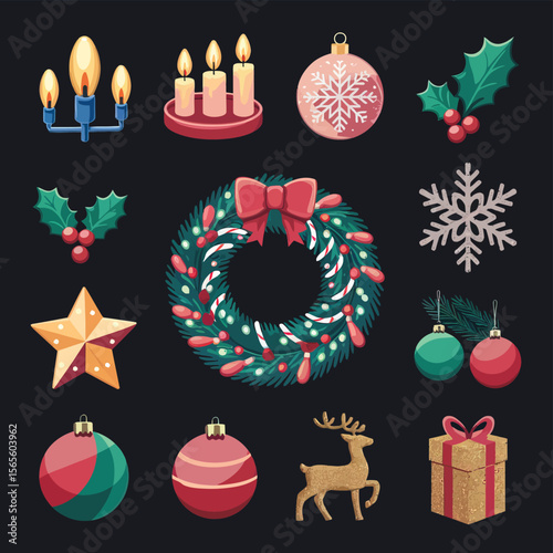 vector Happy New Year Celebrating 2025 in Latin letters , Christmas Decoration Items Santa Claus
