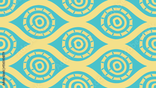 Abstract geometric pattern with turquoise circles and yellow wavy lines