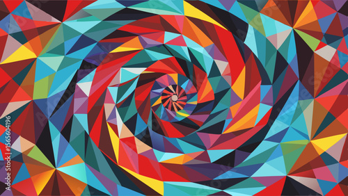 Vibrant geometric spiral pattern with colorful triangles and swirling motion