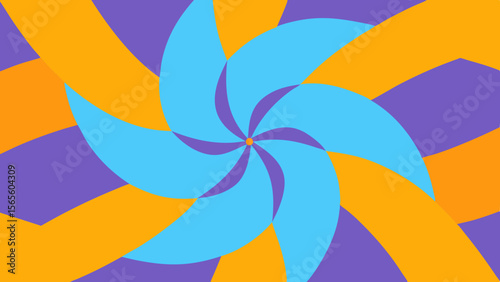 Abstract pinwheel design with swirling blue petals and orange and purple background