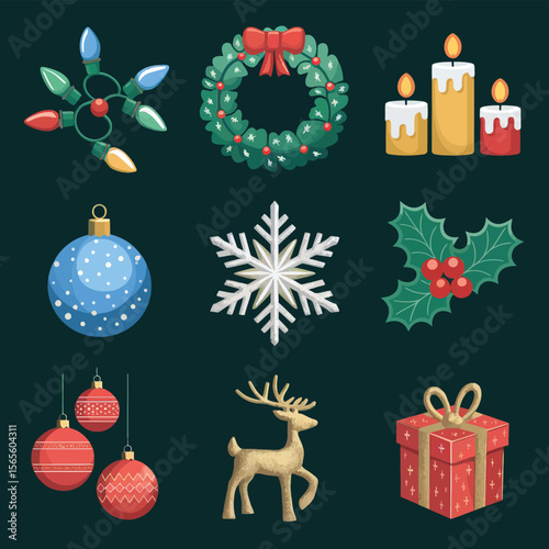 vector Happy New Year Celebrating 2025 in Latin letters , Christmas Decoration Items Santa Claus
