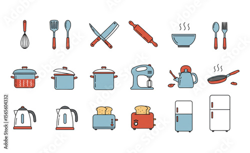 Contemporary cooking utensil graphic displaying everyday kitchenware, designed for food preparation and culinary themed projects in trendy color palette.