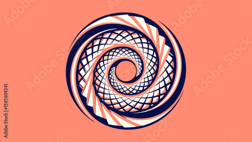 Intricate geometric spiral pattern in navy blue white and coral pink
