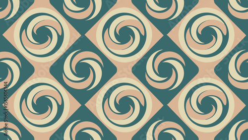 Retro geometric seamless pattern with swirling motifs in muted teal and peach