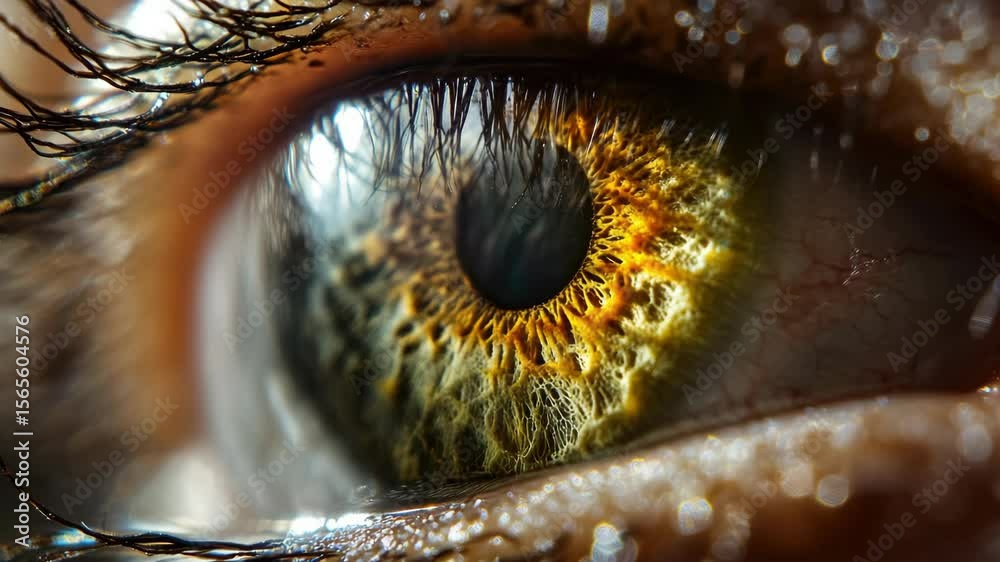 Close-up of a human eye with a yellow iris, showcasing the complexity and beauty of the eye's anatomy.