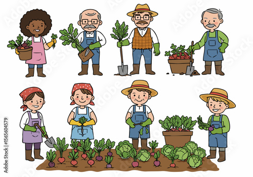 Diverse group of happy farmers and gardeners harvesting vegetables like radishes and cabbage in a garden bed, representing community and sustainable food production.