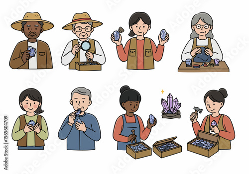 Diverse people collecting, examining, and crafting with crystals and gemstones illustration.